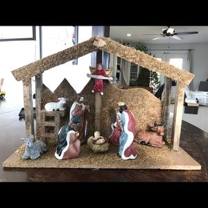 Porcelain nativity scene barn manger Christmas